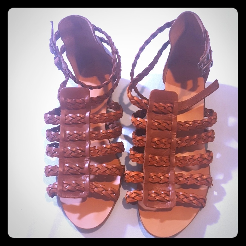 Zara Basic Brown Braided Mini Wedge Gladiator 38 - image 3